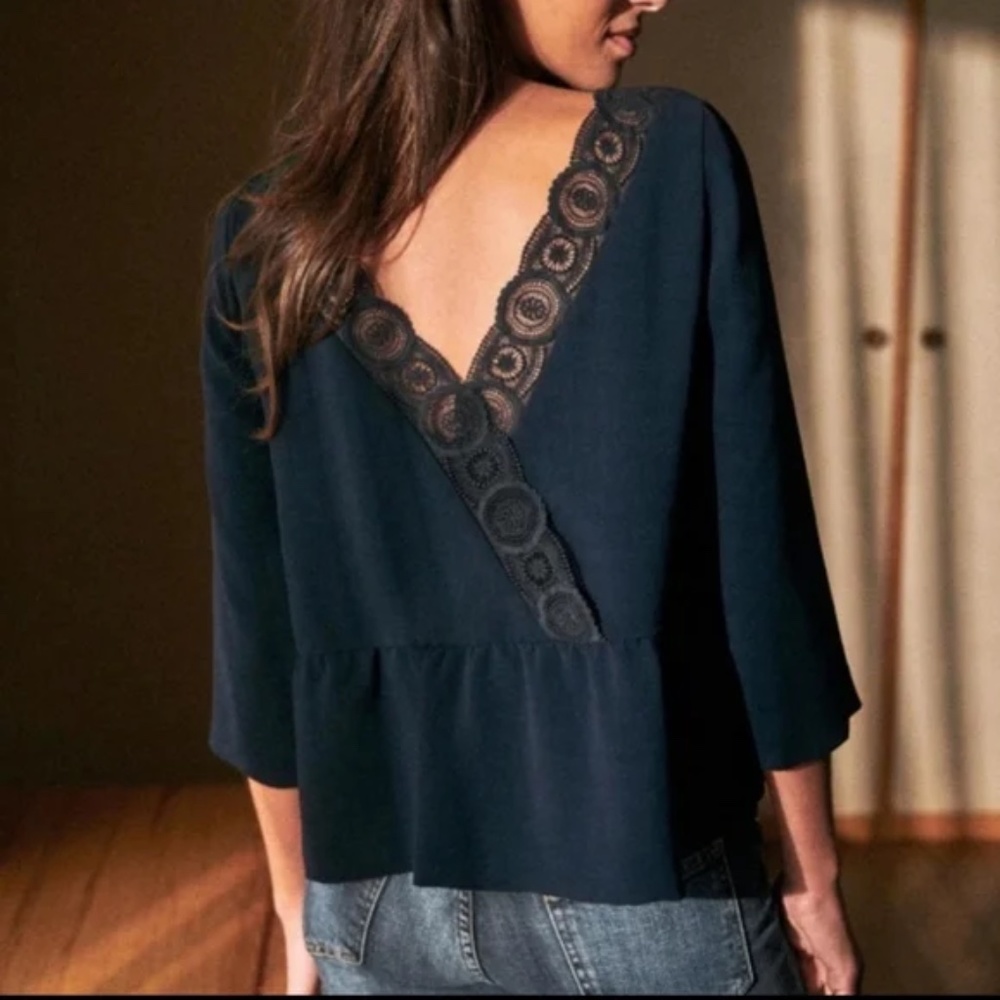 Sézane Navy Lace-Trim V-Back Blouse
